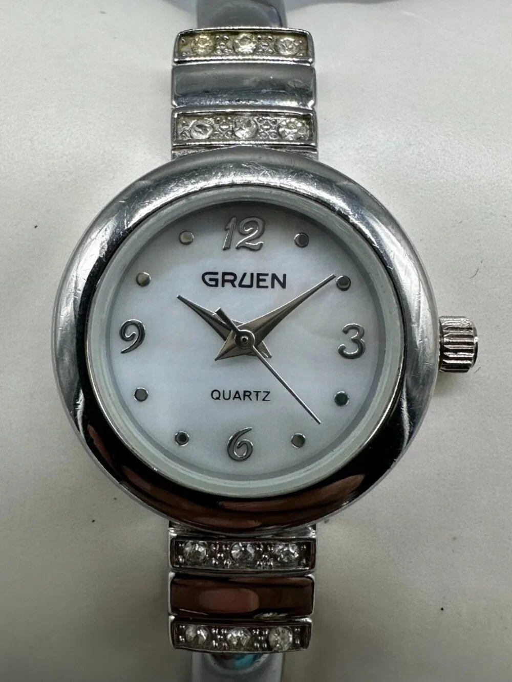 3/$30 Gruen Watch Women Silver Tone White Mother of Pearl Dial New Battery 6.75